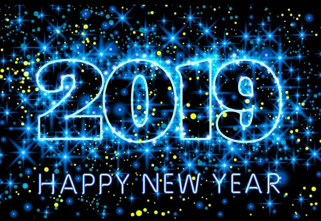 vector neon blue typography Happy New Year 2019 in starry sky background illustration